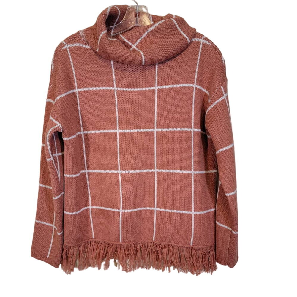 Absolutely Famous Windowpane Plaid Fringe Trim Cowl Neck Sweater Pullover Small